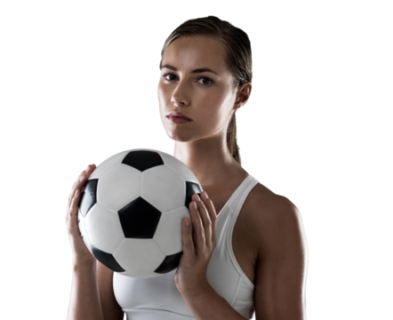 Woman, soccer ball in hands and portrait with sports, player and training for match isolated on png transparent background. Young female athlete, football game and sportswear, fitness with health