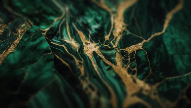 Luxury Green Marble stone with gold lines background texture. Slow panoramic camera motion, macro with deep focus (blur). High detailed 4K video.  Pattern texture surface panning background. 