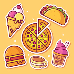 Set of Food and Drinks stickers icons vector illustrations