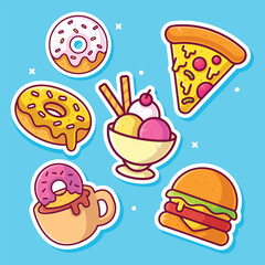 Set of Food and Drinks stickers icons vector illustrations