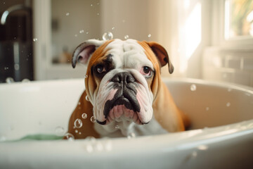 English Bulldog dog being washed in bath tube with soap bubbles. Generative AI illustration