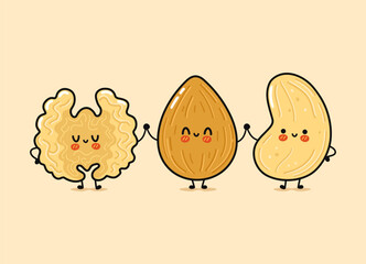 Cute, funny happy almonds, Walnut and cashews nut. Vector hand drawn cartoon kawaii characters, illustration icon. Funny happy cartoon almond, Walnut cashew nut mascot friends concept