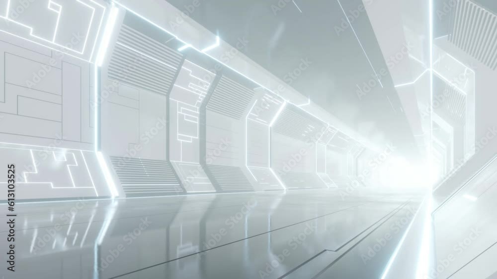 Poster 3d rendering of white abstract sci-fi tunnel, Futuristic spaceship corridor. Loop animation.
