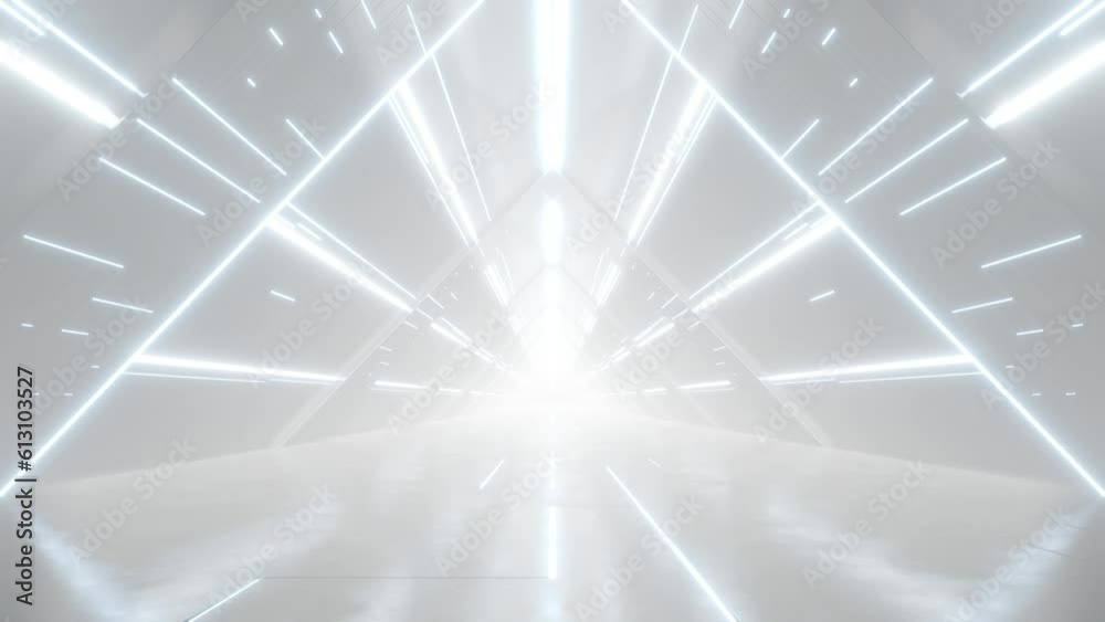 Poster 3d rendering of white abstract sci-fi tunnel, Futuristic triangle spaceship corridor.