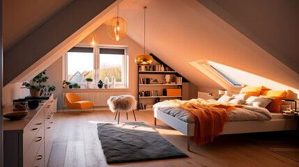 Attic room of a beautiful bright modern style house. AI Generated.