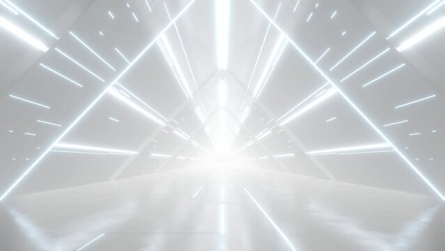 3d rendering of white abstract sci-fi tunnel, Futuristic triangle spaceship corridor.