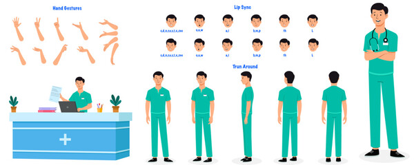 A male nurse model sheet. Male nurse turnaround sheet, hand gestures, lip sync