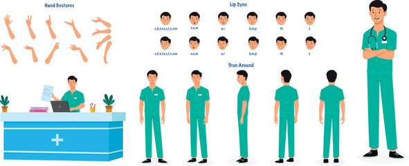 A male nurse model sheet. Male nurse turnaround sheet, hand gestures, lip sync