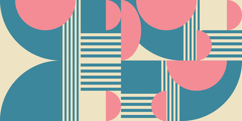 Modern vector abstract  geometric background with circles, rectangles, squares and stripes  in retro Bauhaus style. Pastel colored