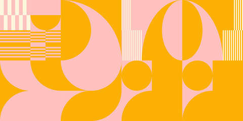 Obraz premium Modern vector abstract geometric background with circles, rectangles and squares in retro scandinavian style. Pastel colored simple shapes graphic pattern. Abstract mosaic artwork.