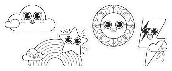 Fototapeta premium Série de dessin pour coloriage sur le thème de la météo, nuage mignon et souriant, arc-en-ciel et étoile filante, soleil dans le ciel, foudre et goutte de pluie, des personnages en noir et blanc