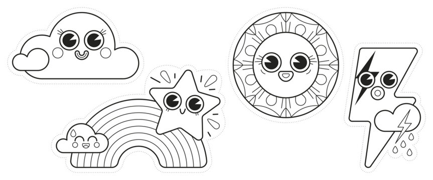 S&eacute;rie de dessin pour coloriage sur le th&egrave;me de la m&eacute;t&eacute;o, nuage mignon et souriant, arc-en-ciel et &eacute;toile filante, soleil dans le ciel, foudre et goutte de pluie, des personnages en noir et blanc
