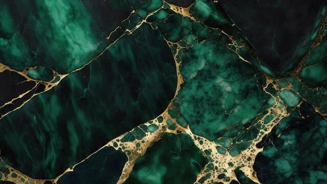 Luxury Green Marble stone with gold lines background texture. Slow panoramic camera motion, macro with deep focus (blur). High detailed 4K video.  Pattern texture surface panning background. 