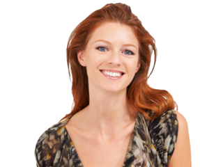 Face, beauty and red head woman with smile, natural makeup and cosmetics. Portrait of happy female model person from Ireland with casual fashion and happiness isolated on transparent, png background