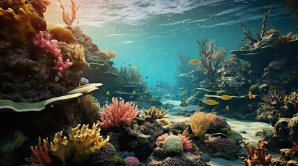 Naklejka na ściany i meble a coral reef has sun beams as light shines below, background
