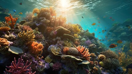 Obraz na płótnie Canvas a coral reef has sun beams as light shines below, background