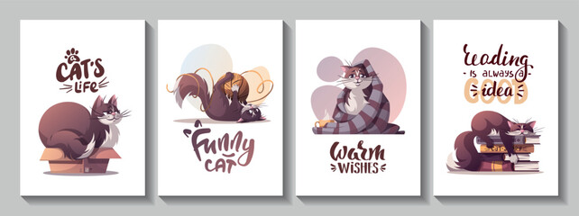 Set of cards with cats lying in the box and books, cat playing with ball of thread, cat sitting with blanket. Pet, kitty, domestic life, animal concept. Vector illustration for card, postcard, cover.