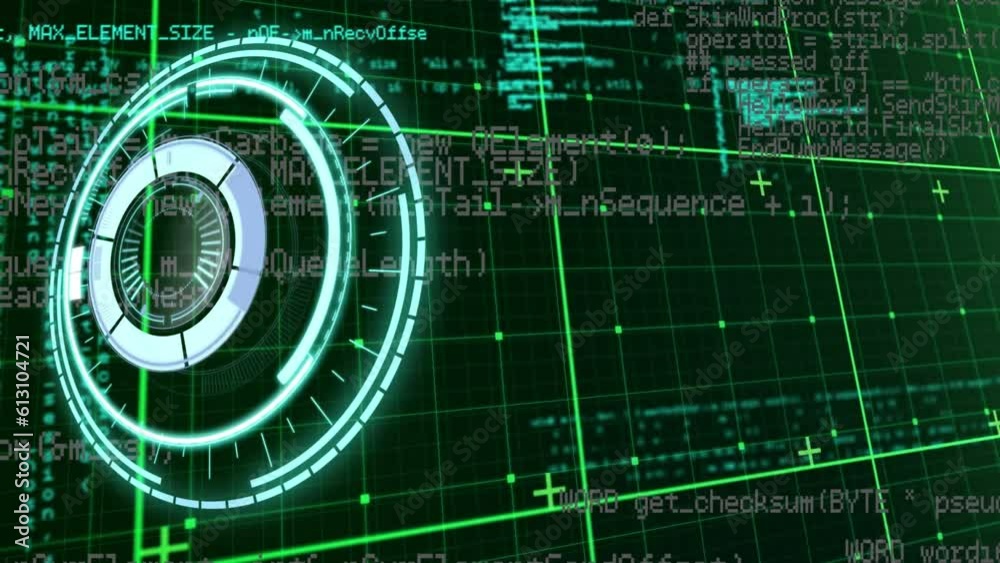 Poster animation of neon round scanner and data processing over grid network against green background