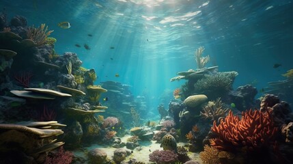 Naklejka na ściany i meble a coral reef has sun beams as light shines below, background