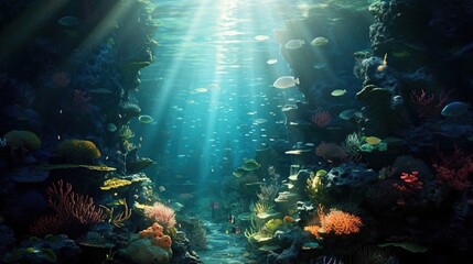 Fototapeta na wymiar a coral reef has sun beams as light shines below, background
