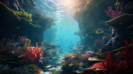 a coral reef has sun beams as light shines below, background