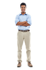 Portrait, accountant and happy man with arms crossed isolated on a transparent png background. Confidence, professional auditor and entrepreneur from Brazil with pride for corporate business career.