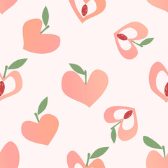 Seamless pattern of heart shape peach fruit with green leaves on pastel pink background vector illustration. Cute fruit print.