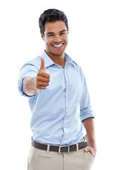 Portrait, thumbs up and man with hand in pocket isolated on a transparent png background. Happy,...