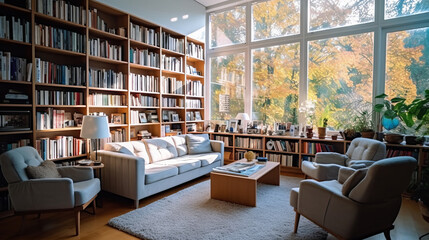 The library room of a beautiful bright modern style house. AI Generated.