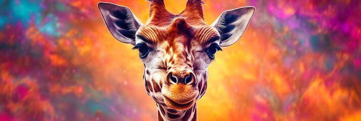 portrait of a giraffe in front of a colorful background