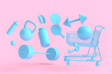 Sport equipment for fitness, gym in shopping cart on monochrome