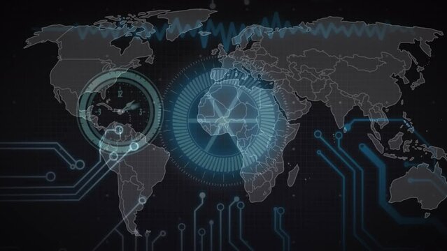Animation of neon ticking clock, round scanner and microprocessor connections against world map