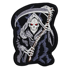 Embroidered patch with the image of death with a scythe. Skeleton reaper. Accessory for rockers,...