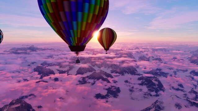 Multiple hot air balloons flying past the camera over a cloud-covered snow-capped mountain range at sunrise.
