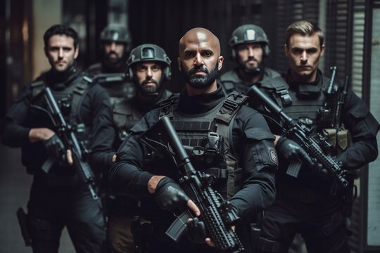 Soldiers team, Security team, army, SWAT, mercenaries.  Generative AI