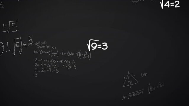 Animation of mathematical equations, formulas and diagrams floating against grey background