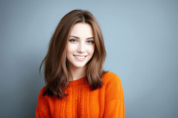 Beautiful woman in an orange sweater on a blue background smiling. Generative AI