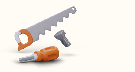 3D hand saw, screwdriver, bolt with shadows on light background. Working tools for home repair. Services of experienced woodworker. Template for flyer, brochure, advertising banner