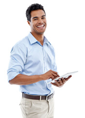 Tablet, portrait and happy professional man isolated on transparent png background for paperless...
