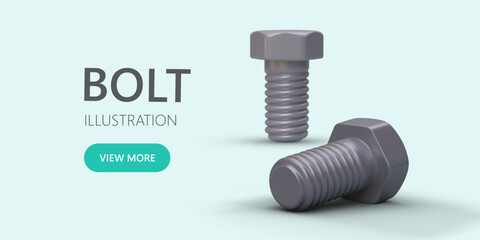 Poster with 3D bolt. Color banner for technical works, repair services. Small fasteners. Metal parts, vector illustration with shadow. Poster on colored background
