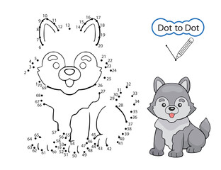 Dot to dot game. Kids activity education worksheet. Art game. Finish drawing image of cute wolf. Children drawn riddle by numbers. Vector illustration.