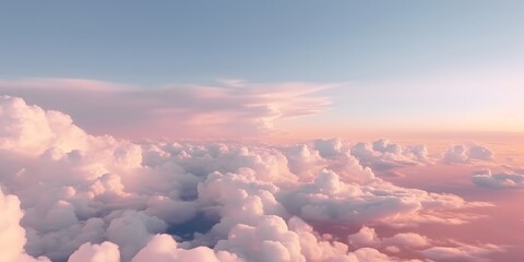 Beautiful pastel cloudscape. Fluffy clouds in the sky. Horizon from a plane. Weather and overcast dawn