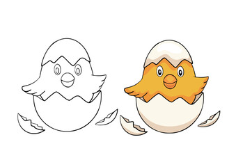 A line drawing and a color version of a drawing of a chicken hatched from an egg. Children's coloring book with a cute cartoon chick. Vector learning educational activity page.