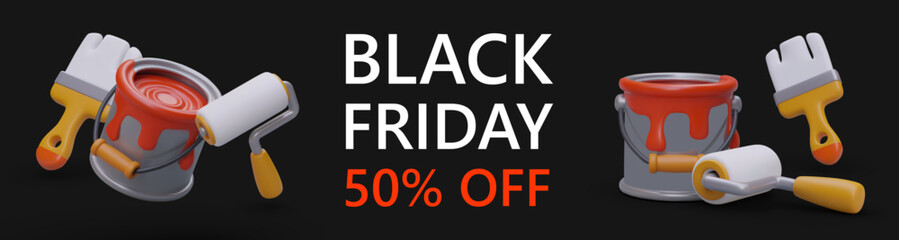 Horizontal banner on black background. Promotion on all products for painting. Tools and paint. Poster in cartoon style. Announcement of discount for Black Friday
