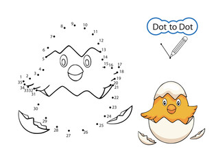 Dot to dot game. Kids activity education worksheet. Children art game with drawing image of cute chick. Drawing riddle by numbers. Vector illustration.