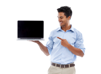 Isolated businessman, blank laptop and point with smile, mockup space and transparent png background. Indian business man, computer and show screen with mock up, tech and promotion with web design