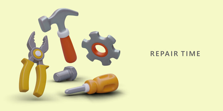Repair tools. Time for recovery and revisions. Poster with realistic hammer, screwdriver, pliers, gear, bolt. Home kit equipment. Banner on yellow background