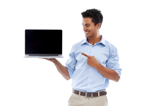 Isolated businessman, blank laptop and point with smile, mockup space and transparent png background. Indian business man, computer and show screen with mock up, tech and promotion with web design - Powered by Adobe