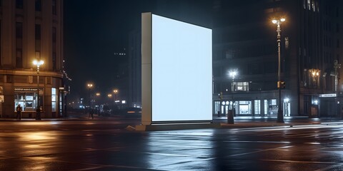 Blank white advertising display billboard in a city street at night with light streaks. Promotional poster mock up