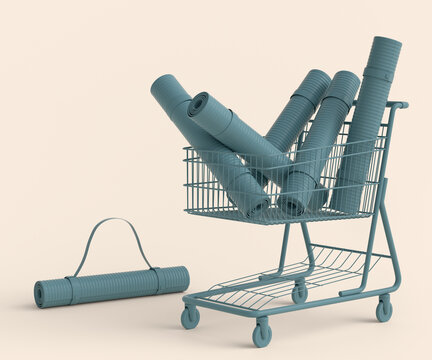 Sport equipment like yoga mat for fitness in shopping cart on monochrome